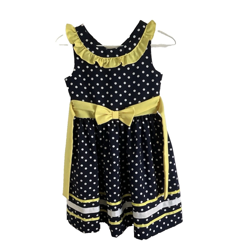 Bonnie Jean Navy Blue Polka Dot Ribbon Dress Summer Nautical Girls Size 10
